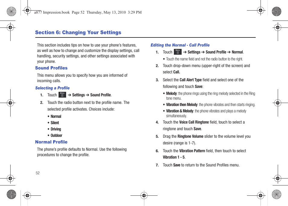 Section 6: changing your settings, Sound profiles, Normal profile | Sound profiles normal profile | Samsung SGH-A877RBZATT User Manual | Page 56 / 230