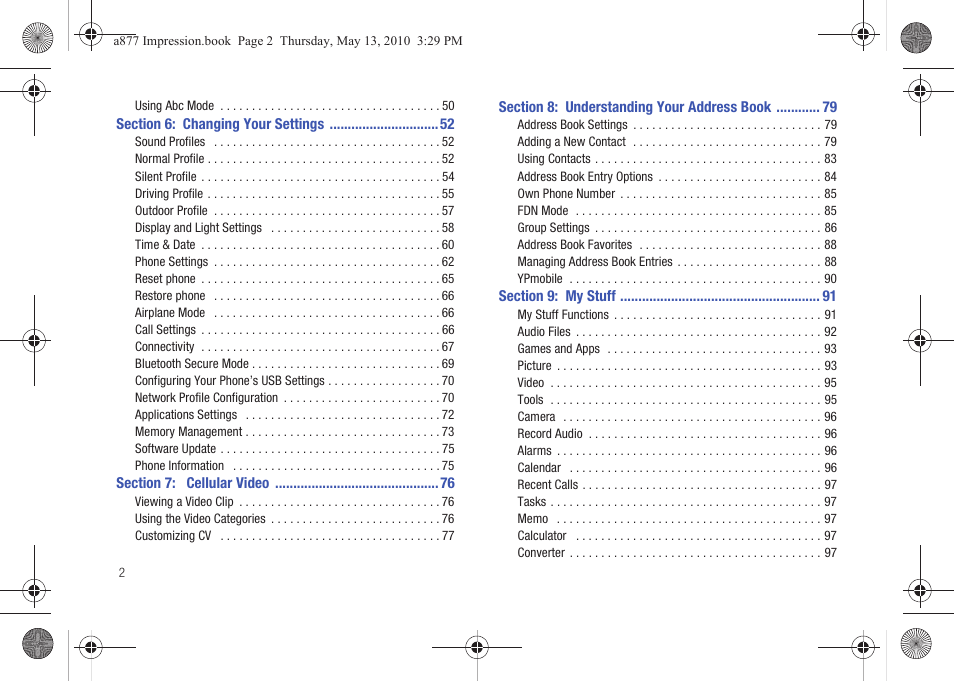 Section 6: changing your settings 52, Section 7: cellular video 76, Section 8: understanding your address book 79 | Section 9: my stuff 91 | Samsung SGH-A877RBZATT User Manual | Page 6 / 230