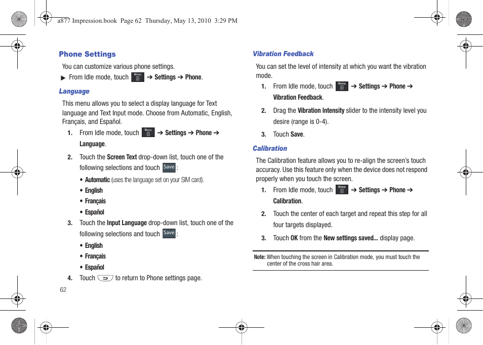 Phone settings | Samsung SGH-A877RBZATT User Manual | Page 66 / 230