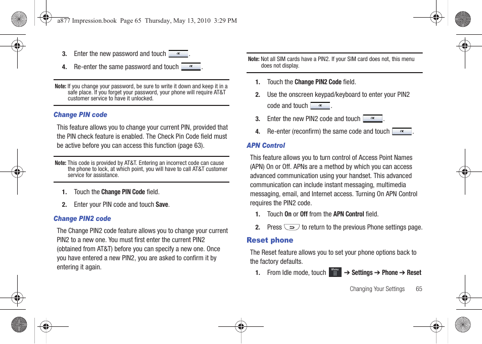 Reset phone | Samsung SGH-A877RBZATT User Manual | Page 69 / 230