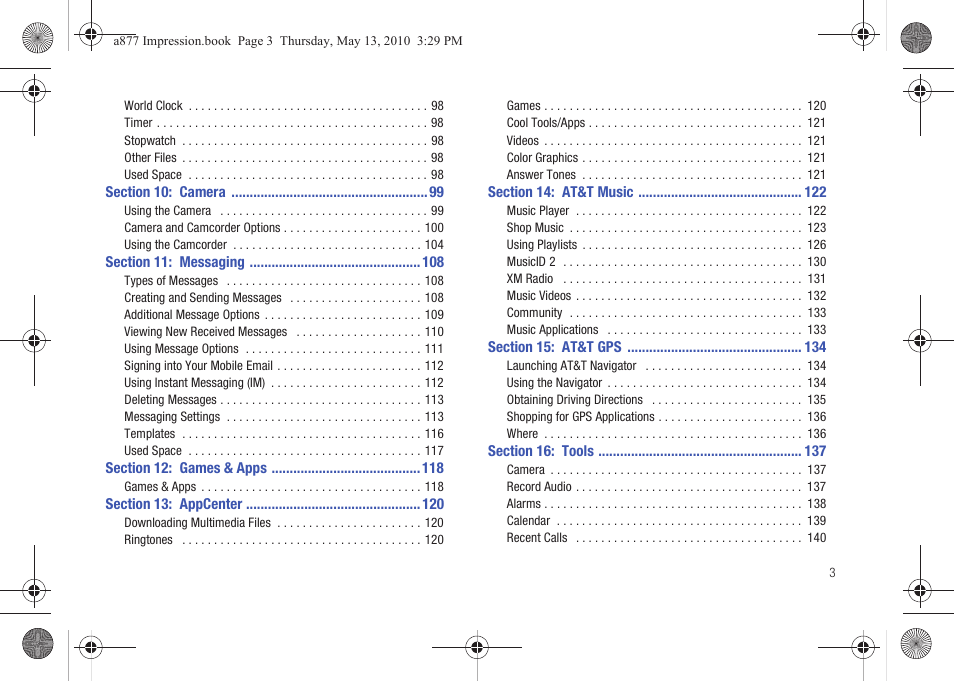 Section 10: camera 99, Section 11: messaging 108, Section 12: games & apps 118 | Section 13: appcenter 120, Section 14: at&t music 122, Section 15: at&t gps 134, Section 16: tools 137 | Samsung SGH-A877RBZATT User Manual | Page 7 / 230