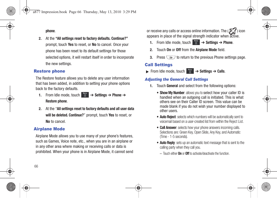 Restore phone, Airplane mode, Call settings | Restore phone airplane mode call settings | Samsung SGH-A877RBZATT User Manual | Page 70 / 230