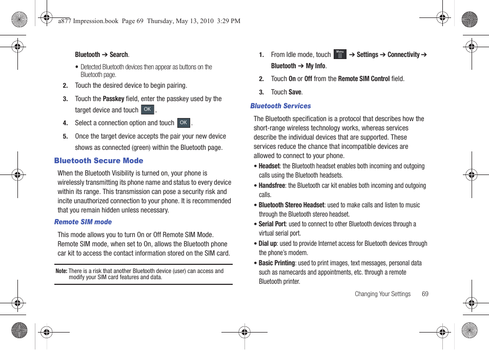 Bluetooth secure mode | Samsung SGH-A877RBZATT User Manual | Page 73 / 230