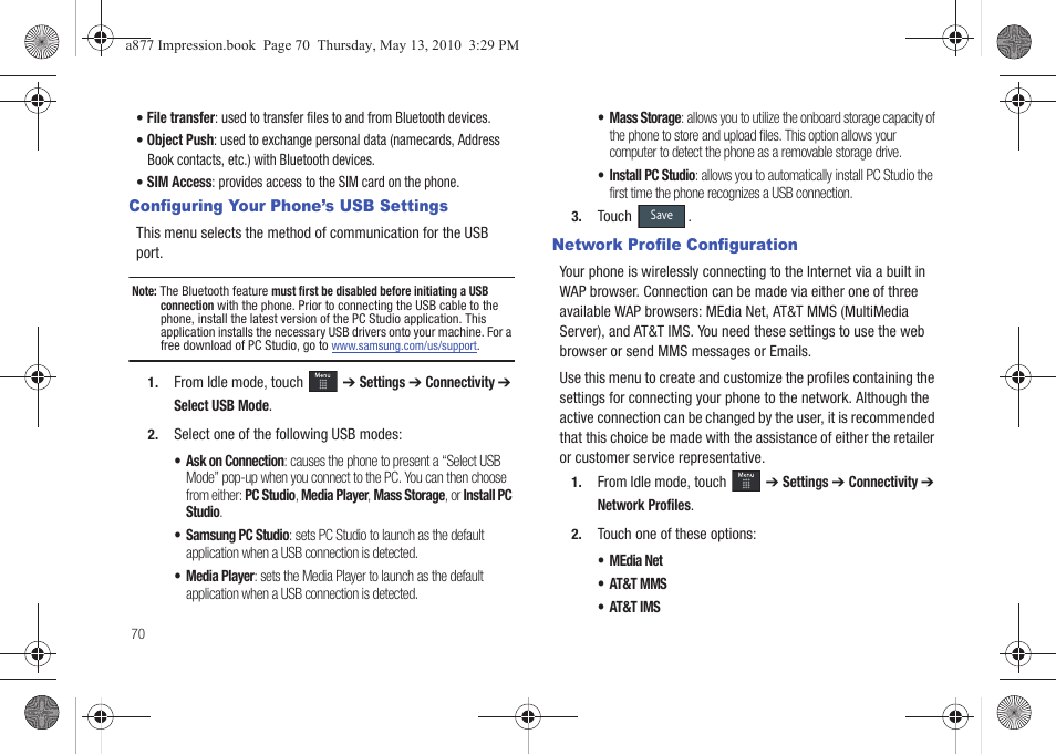 Configuring your phone’s usb settings, Network profile configuration | Samsung SGH-A877RBZATT User Manual | Page 74 / 230
