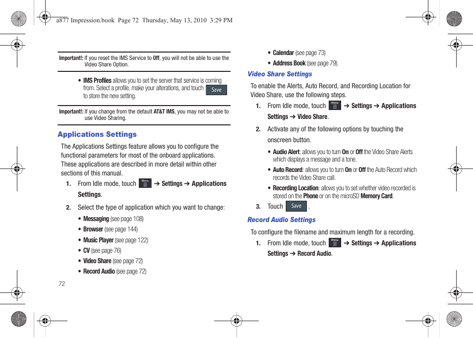 Applications settings | Samsung SGH-A877RBZATT User Manual | Page 76 / 230