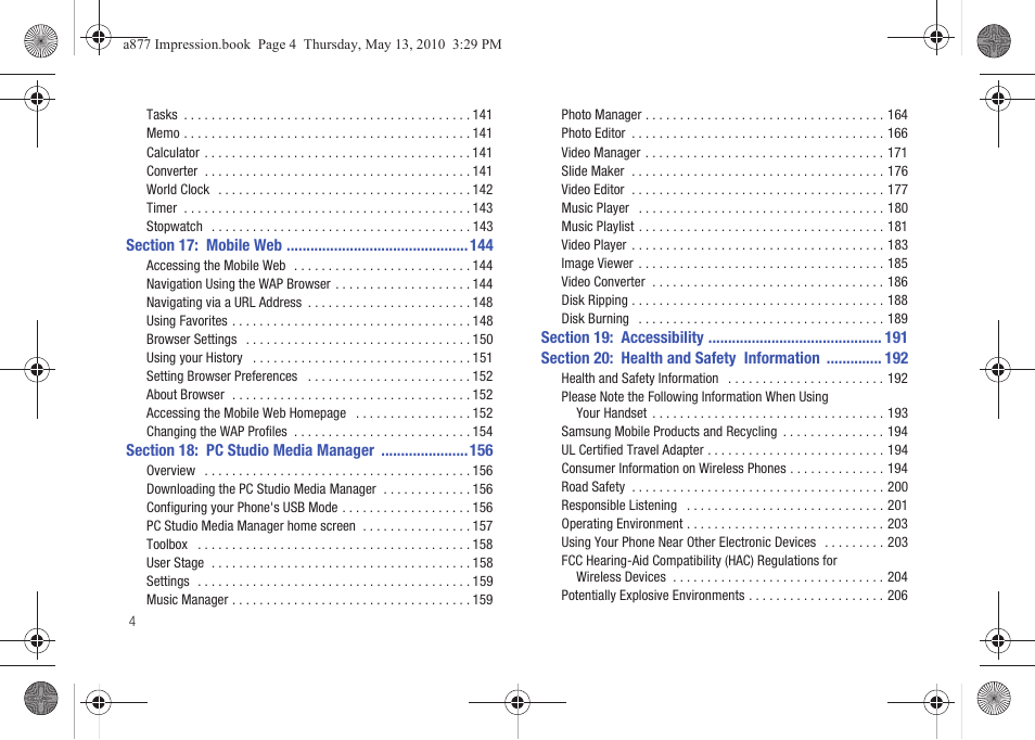 Section 17: mobile web 144, Section 18: pc studio media manager 156, Section 19: accessibility 191 | Section 20: health and safety information 192 | Samsung SGH-A877RBZATT User Manual | Page 8 / 230