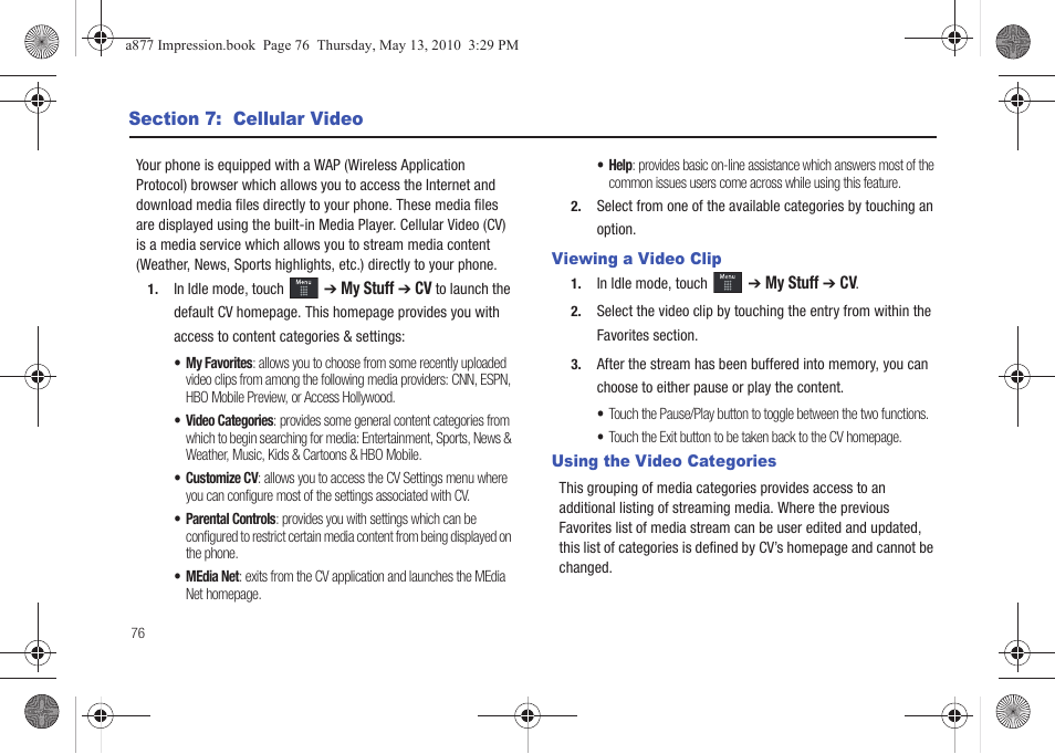 Section 7: cellular video, Viewing a video clip, Using the video categories | Viewing a video clip using the video categories | Samsung SGH-A877RBZATT User Manual | Page 80 / 230