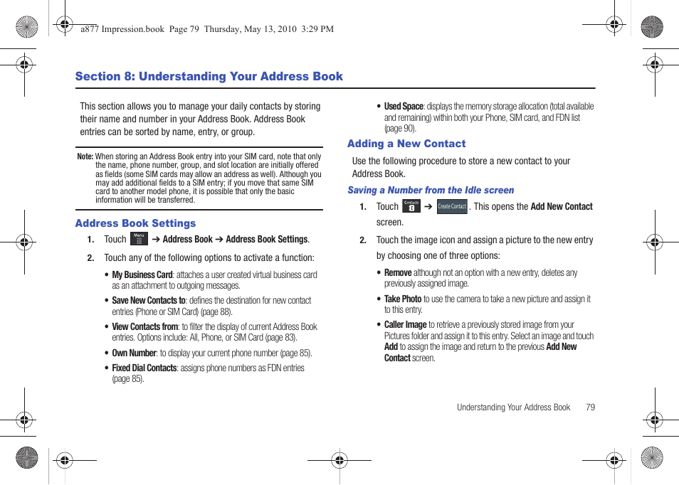 Section 8: understanding your address book, Address book settings, Adding a new contact | Address book settings adding a new contact | Samsung SGH-A877RBZATT User Manual | Page 83 / 230