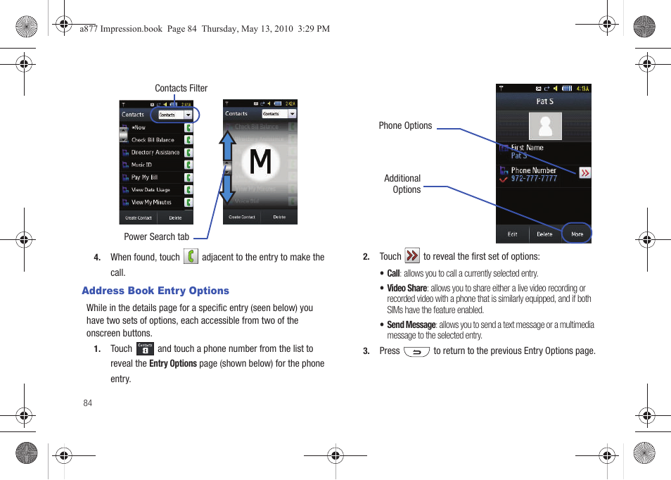 Address book entry options | Samsung SGH-A877RBZATT User Manual | Page 88 / 230