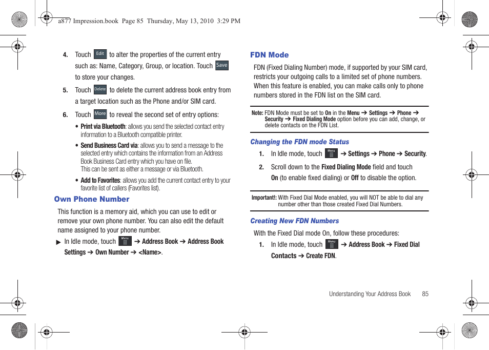 Own phone number, Fdn mode, Own phone number fdn mode | Samsung SGH-A877RBZATT User Manual | Page 89 / 230