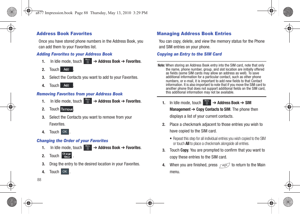 Address book favorites, Managing address book entries | Samsung SGH-A877RBZATT User Manual | Page 92 / 230