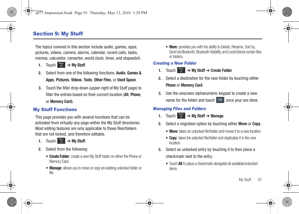 Section 9: my stuff, My stuff functions | Samsung SGH-A877RBZATT User Manual | Page 95 / 230