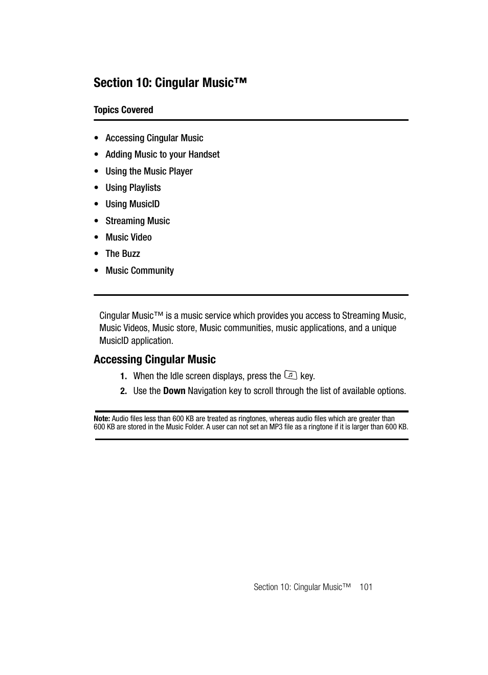 Section 10: cingular music, Accessing cingular music | Samsung SGH-A707DAACIN User Manual | Page 101 / 177