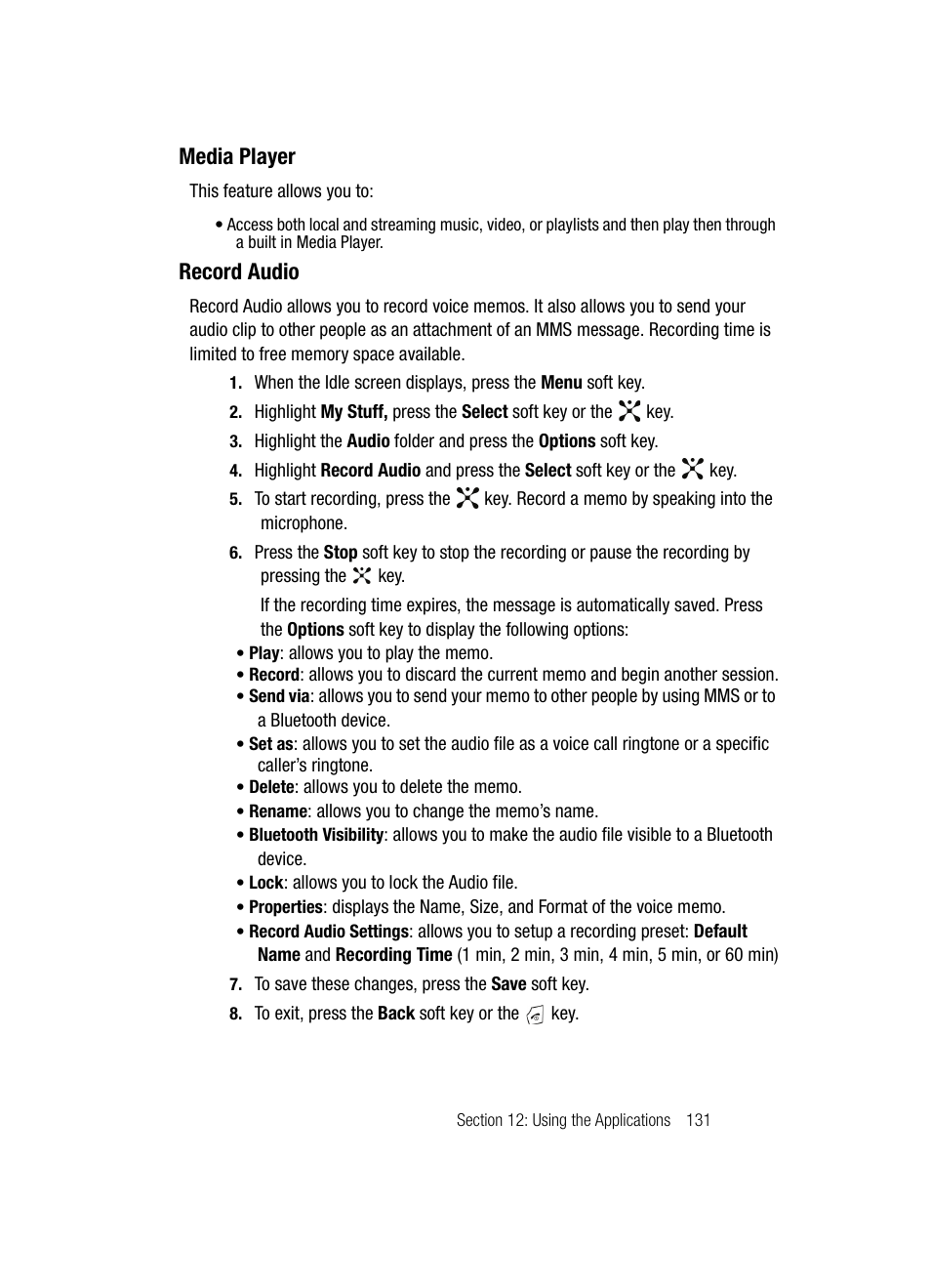 Media player record audio, Media player, Record audio | Samsung SGH-A707DAACIN User Manual | Page 131 / 177