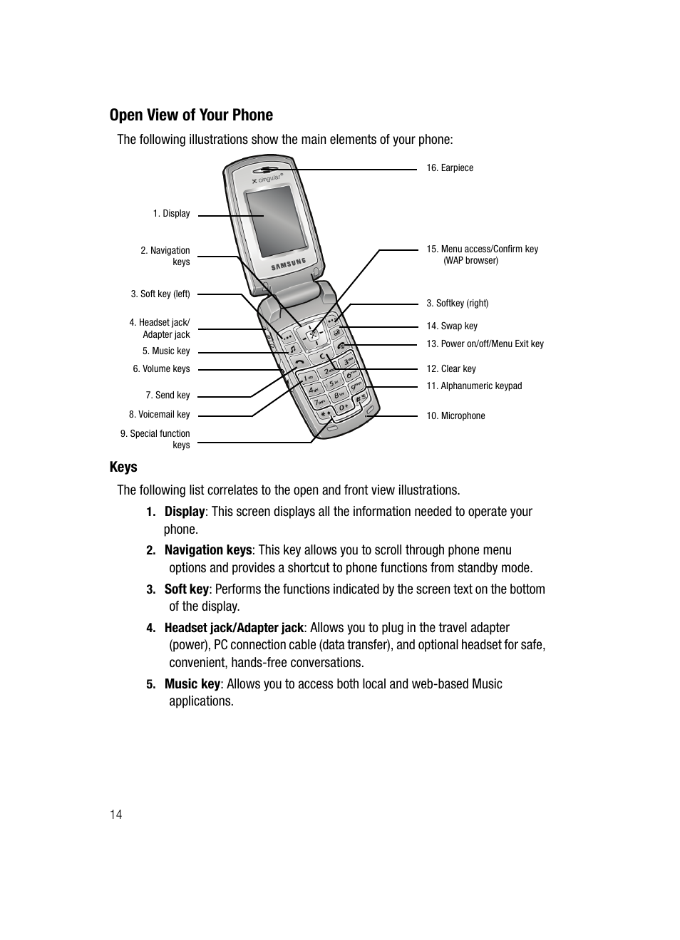 Open view of your phone, Keys | Samsung SGH-A707DAACIN User Manual | Page 14 / 177