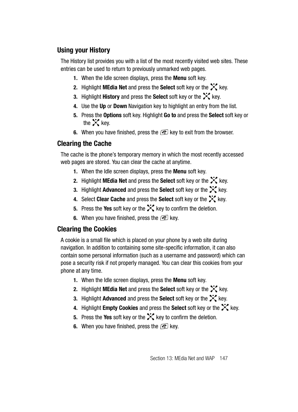 Using your history, Clearing the cache, Clearing the cookies | Samsung SGH-A707DAACIN User Manual | Page 147 / 177