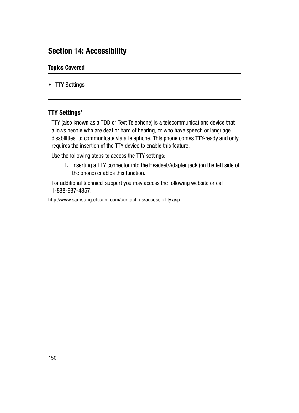 Section 14: accessibility | Samsung SGH-A707DAACIN User Manual | Page 150 / 177