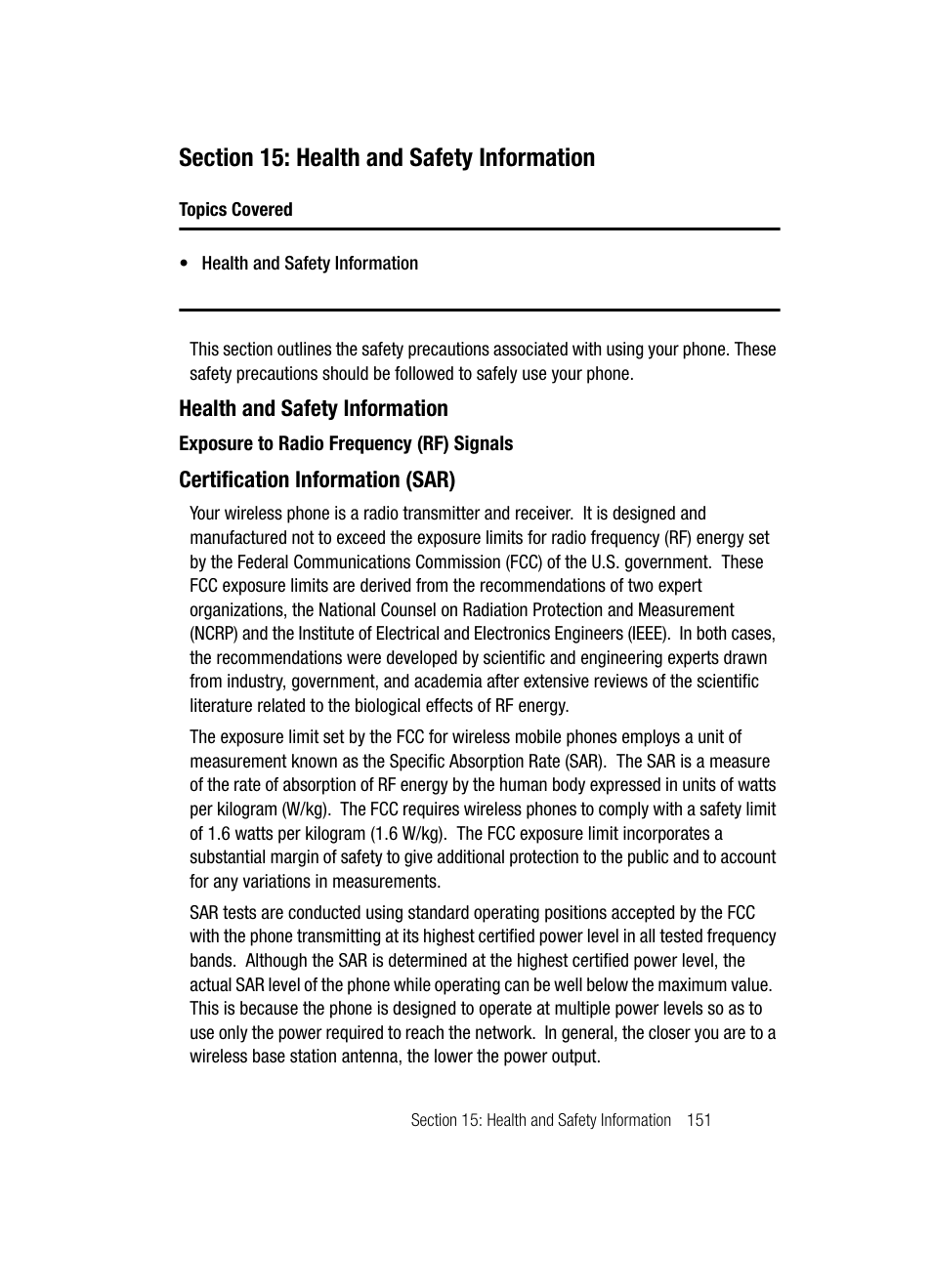 Section 15: health and safety information, Health and safety information | Samsung SGH-A707DAACIN User Manual | Page 151 / 177