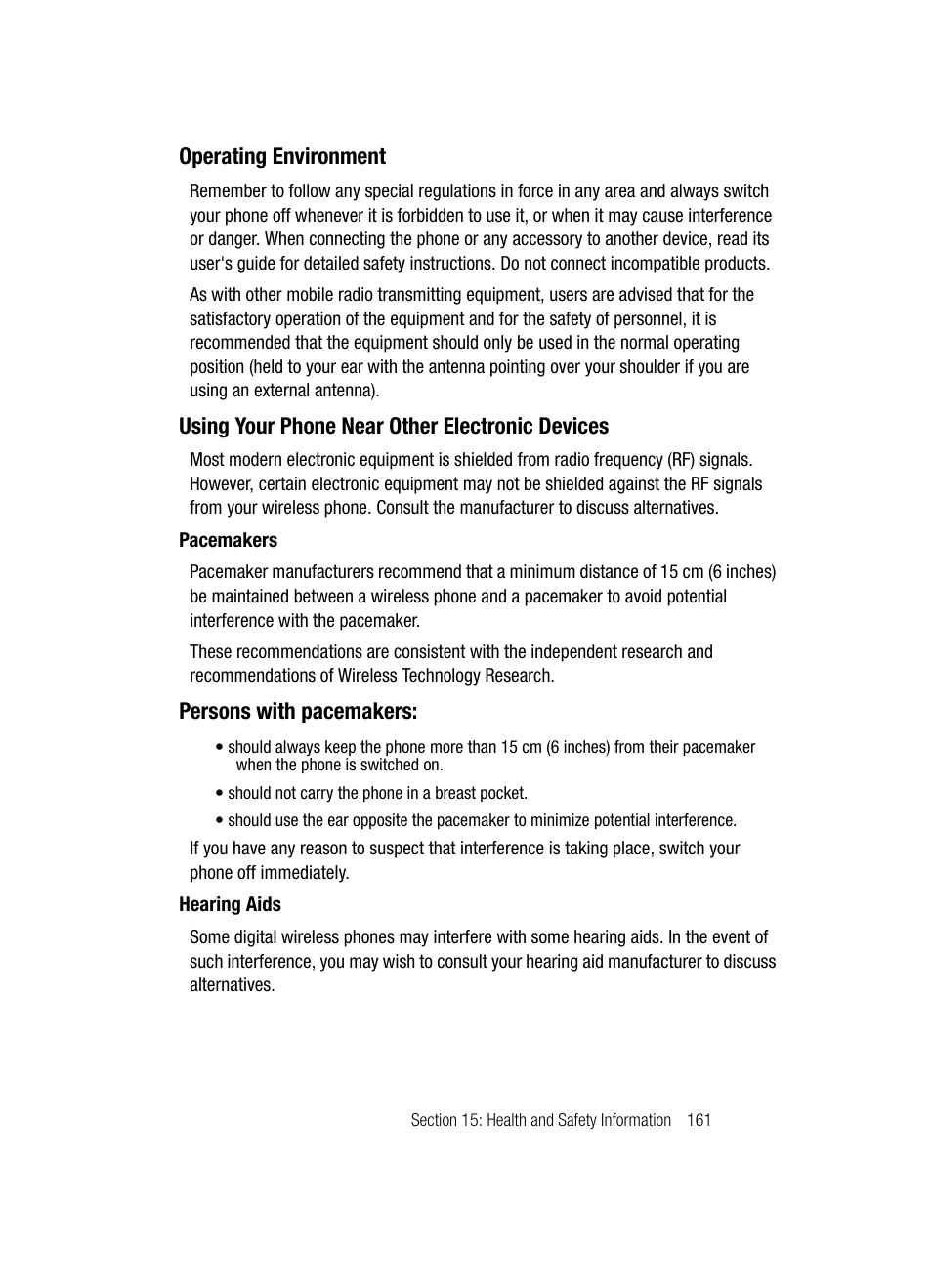 Operating environment, Using your phone near other electronic devices, Persons with pacemakers | Samsung SGH-A707DAACIN User Manual | Page 161 / 177