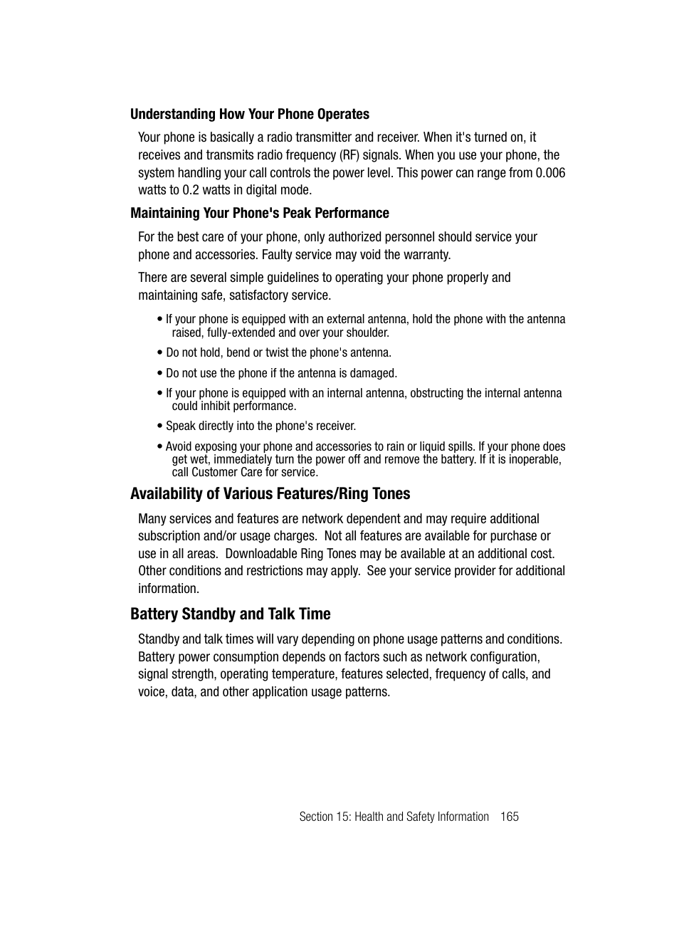 Availability of various features/ring tones, Battery standby and talk time | Samsung SGH-A707DAACIN User Manual | Page 165 / 177