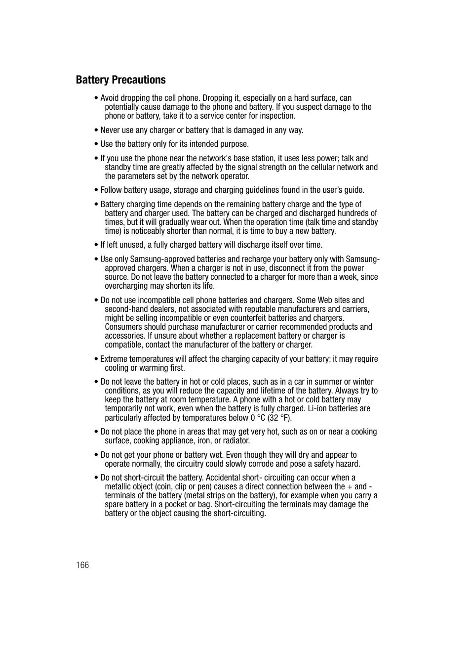 Battery precautions | Samsung SGH-A707DAACIN User Manual | Page 166 / 177