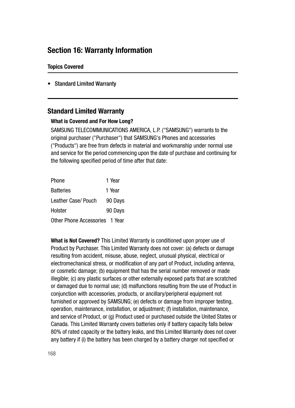 Standard limited warranty | Samsung SGH-A707DAACIN User Manual | Page 168 / 177