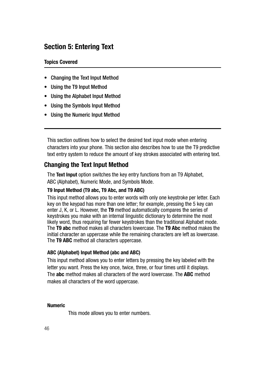 Section 5: entering text, Changing the text input method | Samsung SGH-A707DAACIN User Manual | Page 46 / 177