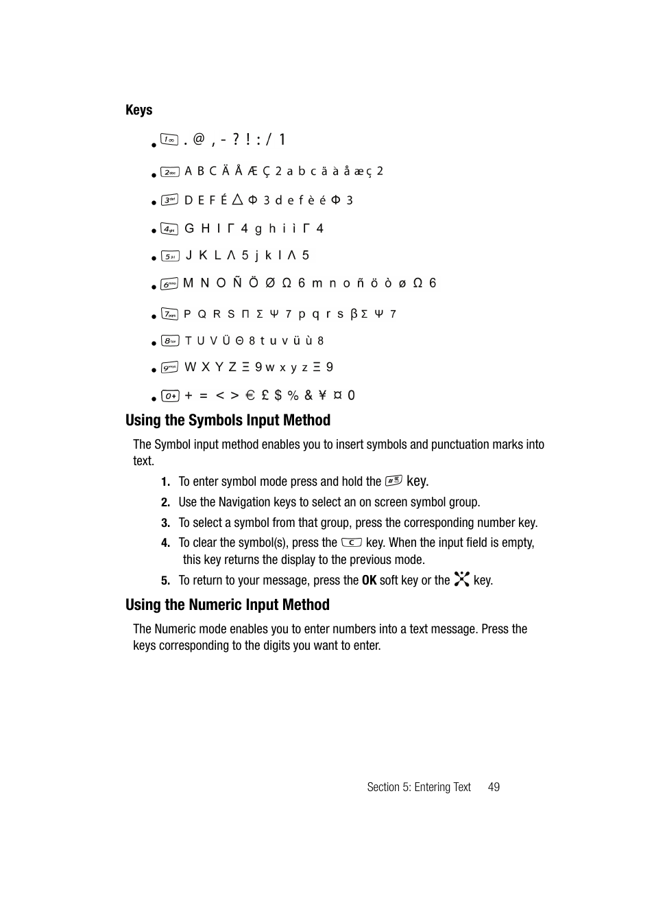 Using the symbols input method, Using the numeric input method | Samsung SGH-A707DAACIN User Manual | Page 49 / 177