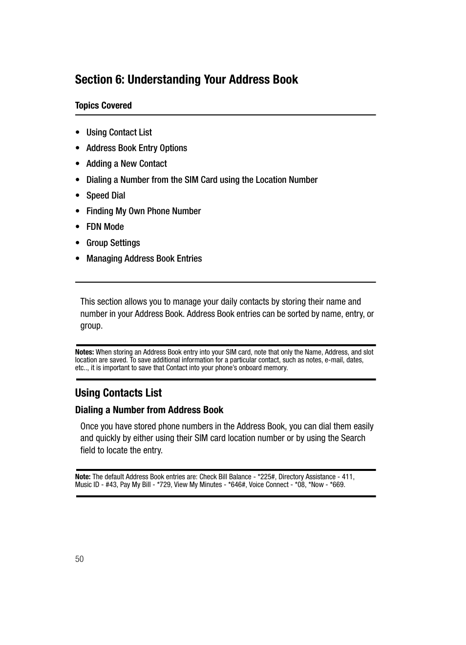 Section 6: understanding your address book, Using contacts list | Samsung SGH-A707DAACIN User Manual | Page 50 / 177