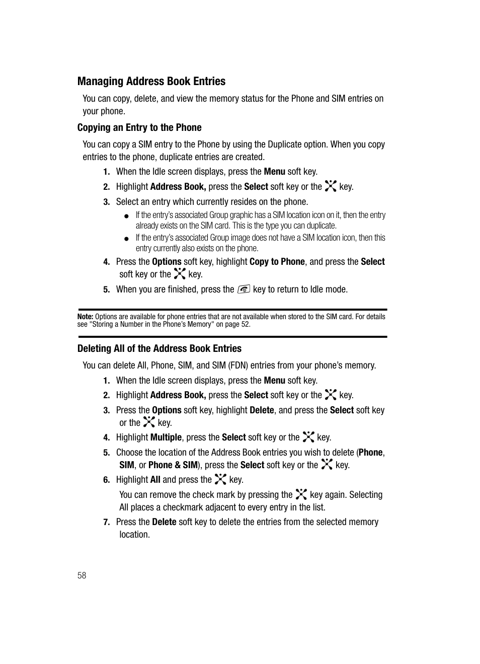 Managing address book entries | Samsung SGH-A707DAACIN User Manual | Page 58 / 177