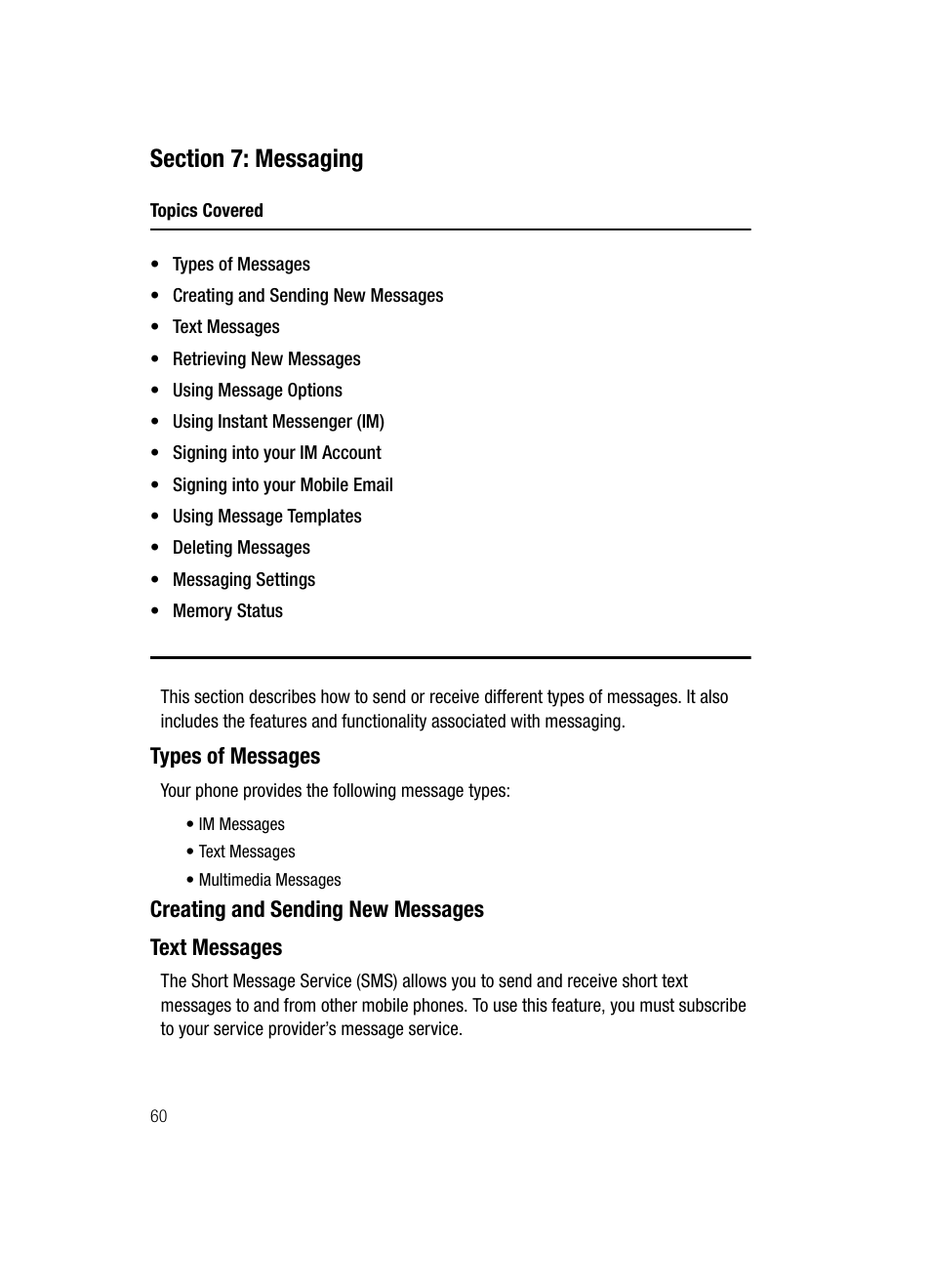 Section 7: messaging, Types of messages, Creating and sending new messages text messages | Samsung SGH-A707DAACIN User Manual | Page 60 / 177