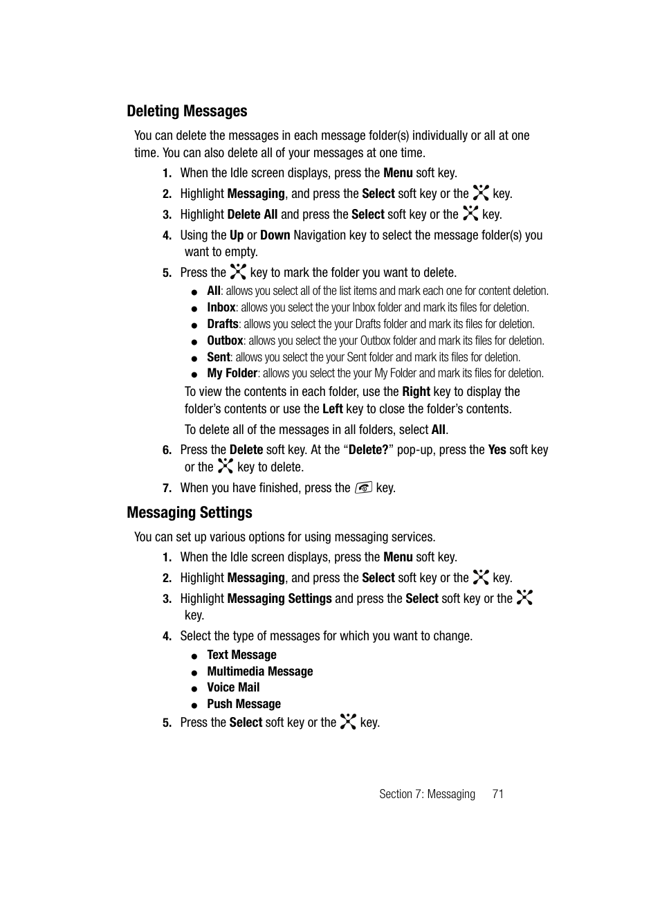 Deleting messages messaging settings, Deleting messages, Messaging settings | Samsung SGH-A707DAACIN User Manual | Page 71 / 177