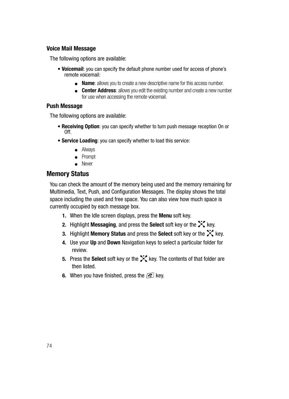 Memory status | Samsung SGH-A707DAACIN User Manual | Page 74 / 177