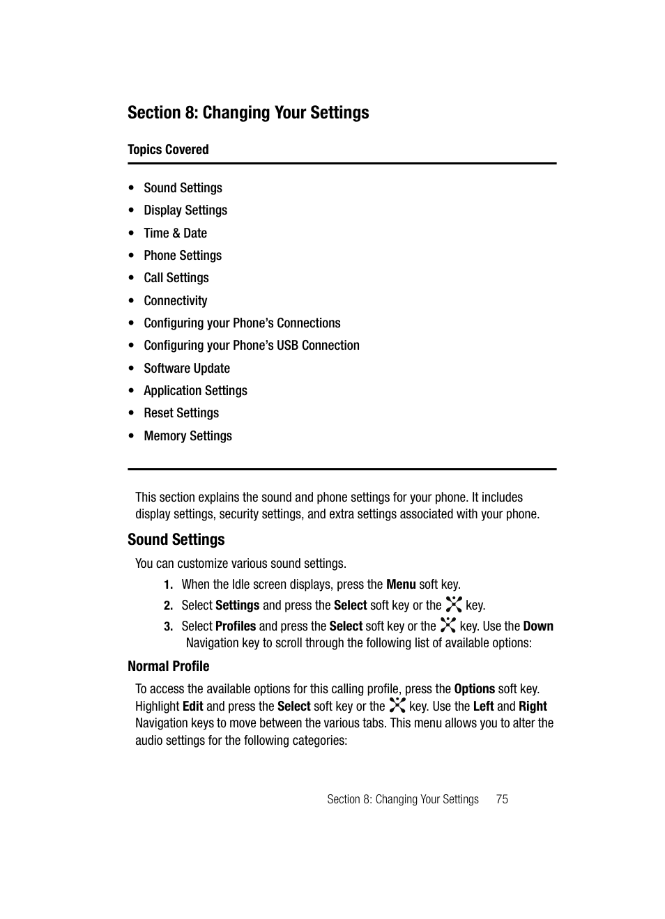 Section 8: changing your settings, Sound settings | Samsung SGH-A707DAACIN User Manual | Page 75 / 177