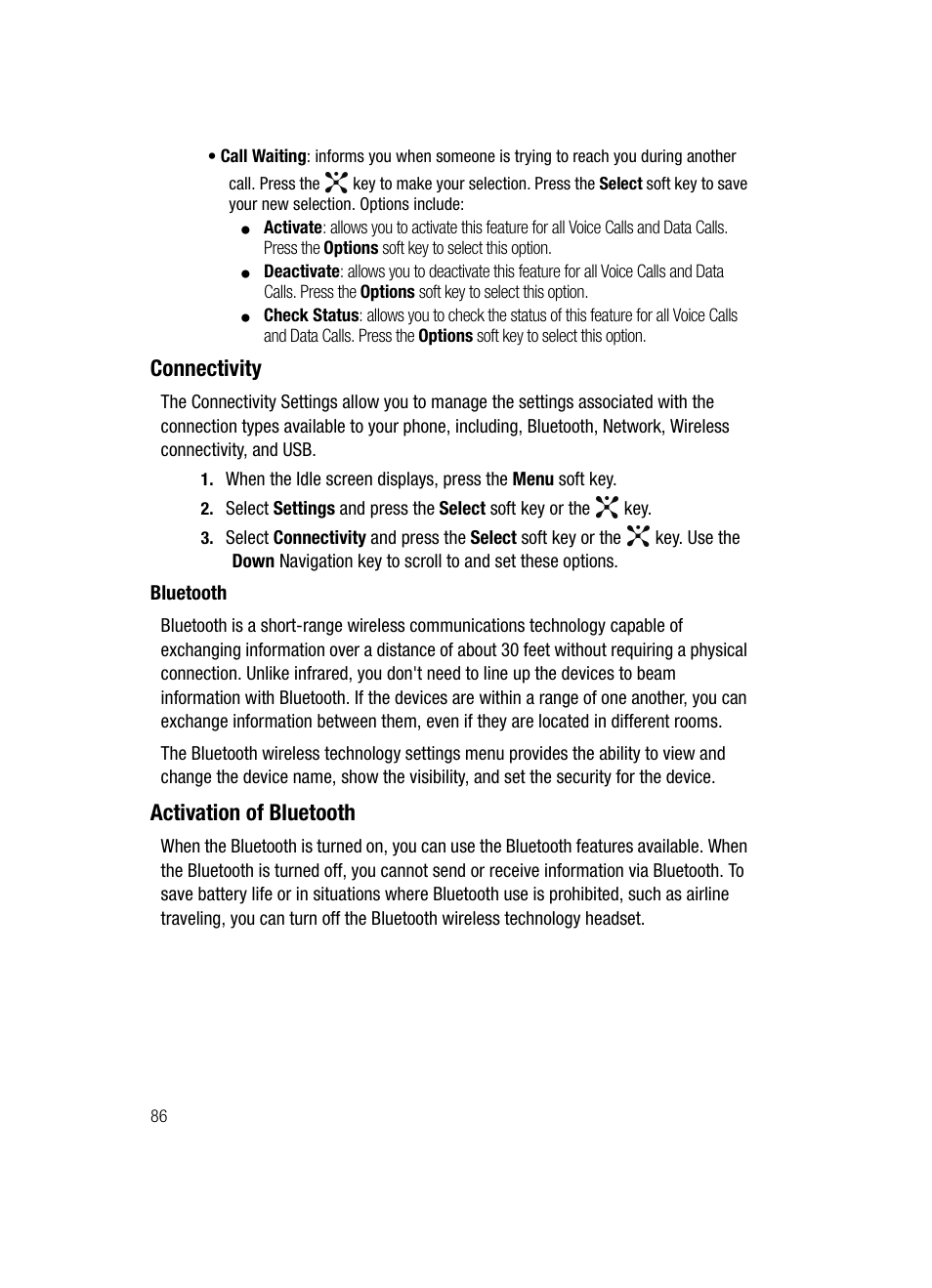 Connectivity, Activation of bluetooth | Samsung SGH-A707DAACIN User Manual | Page 86 / 177