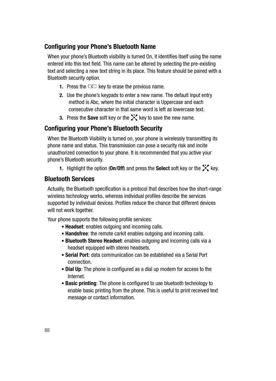 Configuring your phone’s bluetooth name, Configuring your phone’s bluetooth security, Bluetooth services | Samsung SGH-A707DAACIN User Manual | Page 88 / 177
