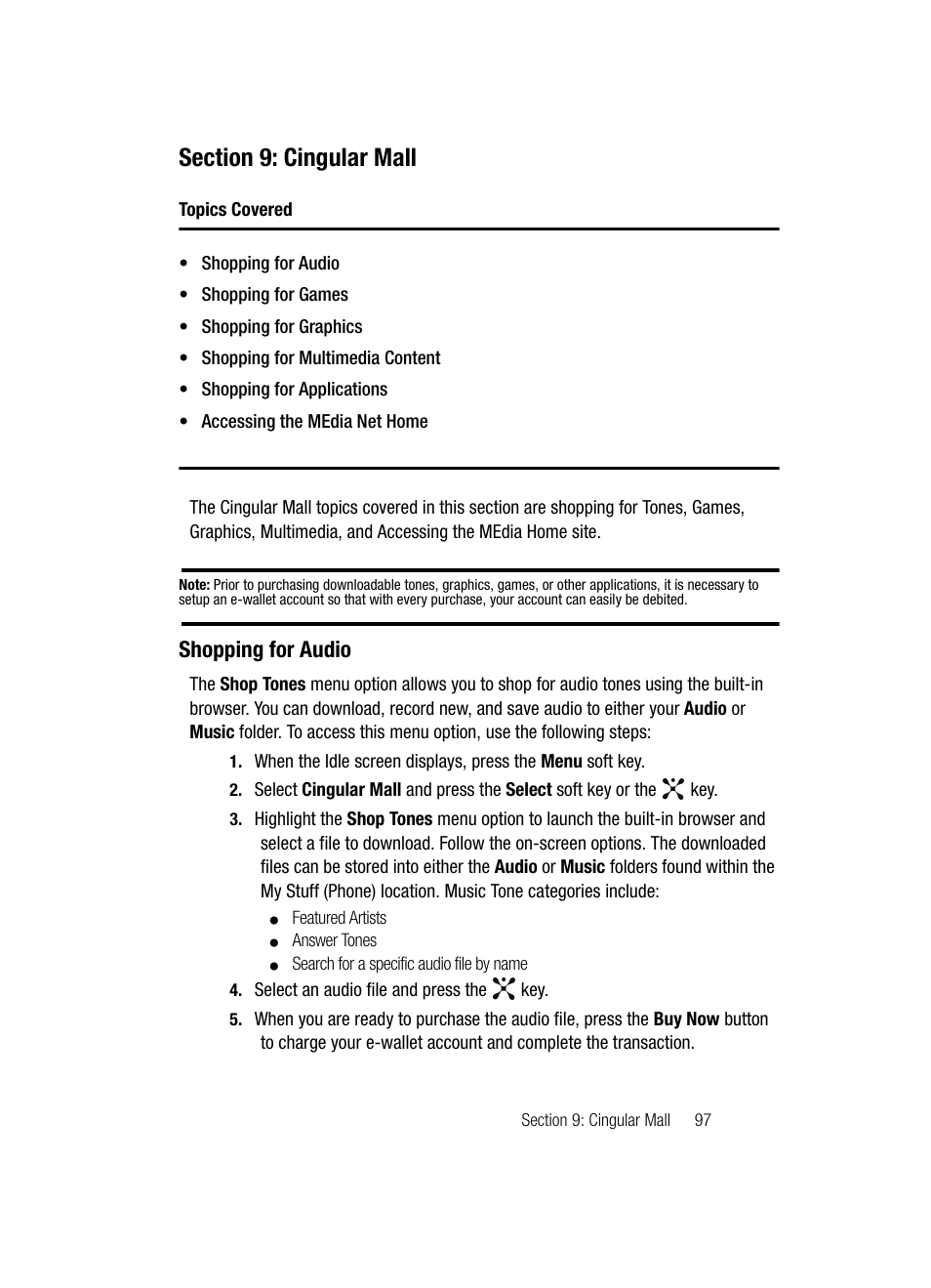 Section 9: cingular mall, Shopping for audio | Samsung SGH-A707DAACIN User Manual | Page 97 / 177