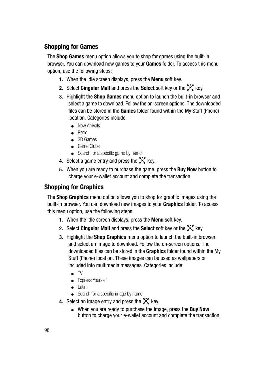 Shopping for games shopping for graphics, Shopping for games, Shopping for graphics | Samsung SGH-A707DAACIN User Manual | Page 98 / 177