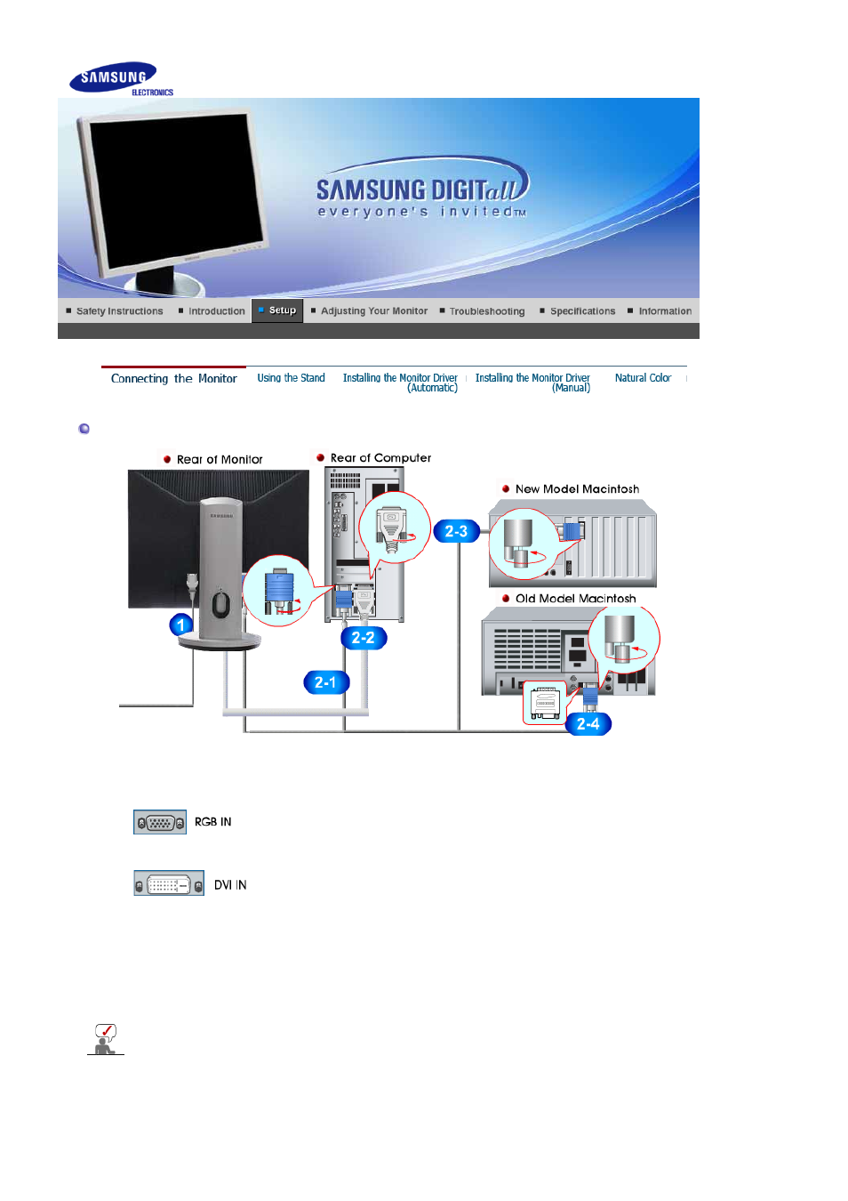 Setup, Connecting tne monitor | Samsung LS20HABKBQ-XAA User Manual | Page 14 / 75