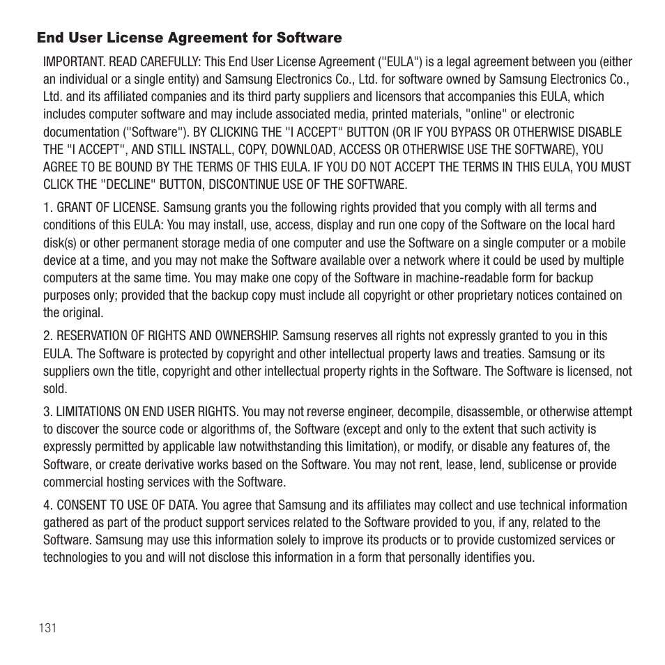 End user license agreement for software | Samsung SGH-T459EGAGEN User Manual | Page 134 / 142