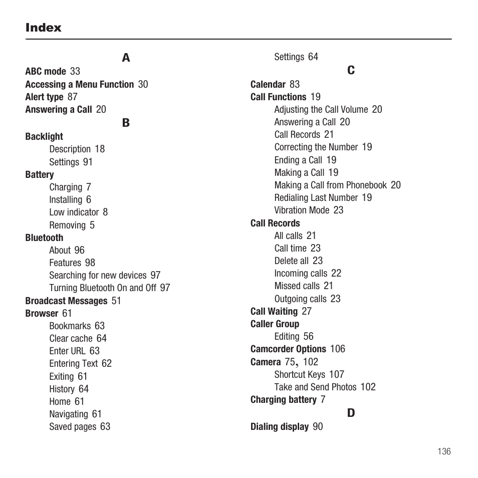 Index | Samsung SGH-T459EGAGEN User Manual | Page 139 / 142