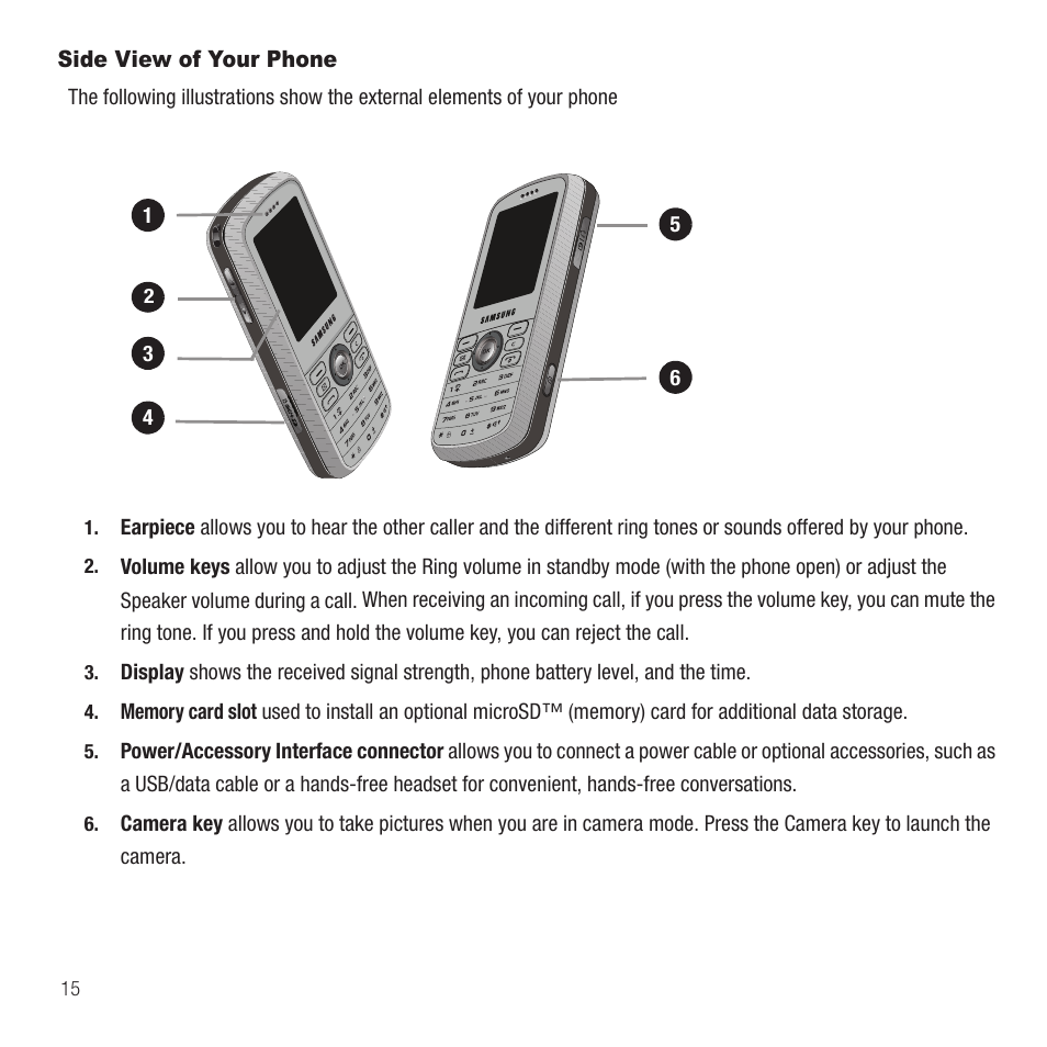 Side view of your phone | Samsung SGH-T459EGAGEN User Manual | Page 18 / 142