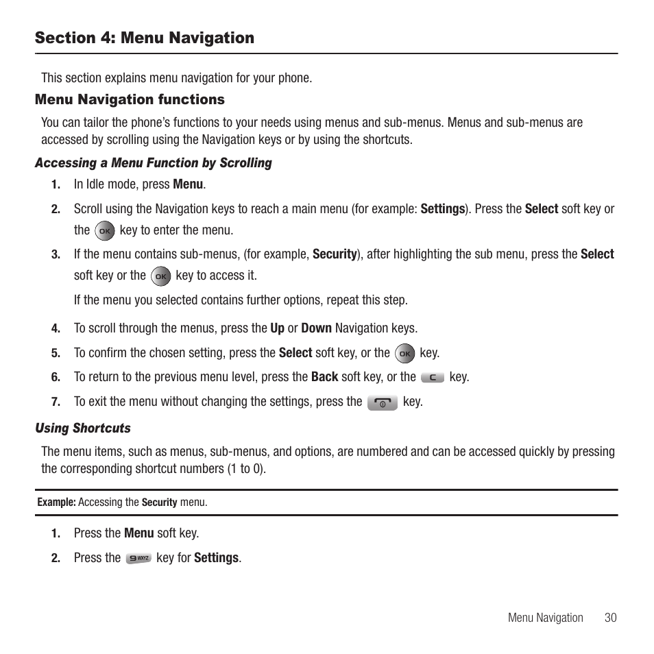 Section 4: menu navigation, Menu navigation functions | Samsung SGH-T459EGAGEN User Manual | Page 33 / 142