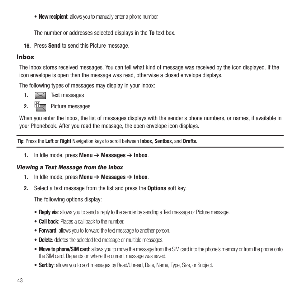 Inbox | Samsung SGH-T459EGAGEN User Manual | Page 46 / 142
