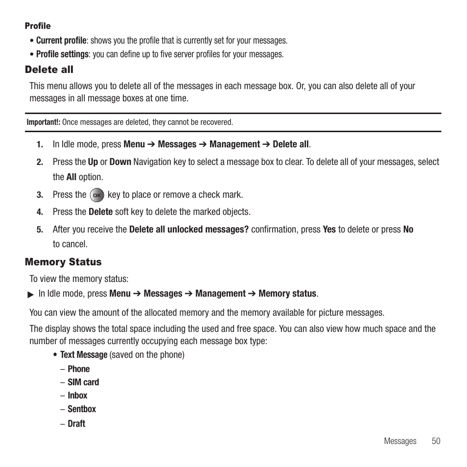 Delete all, Memory status, Delete all memory status | Samsung SGH-T459EGAGEN User Manual | Page 53 / 142