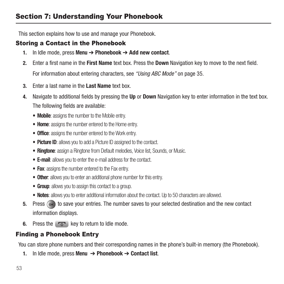 Section 7: understanding your phonebook, Storing a contact in the phonebook, Finding a phonebook entry | Samsung SGH-T459EGAGEN User Manual | Page 56 / 142