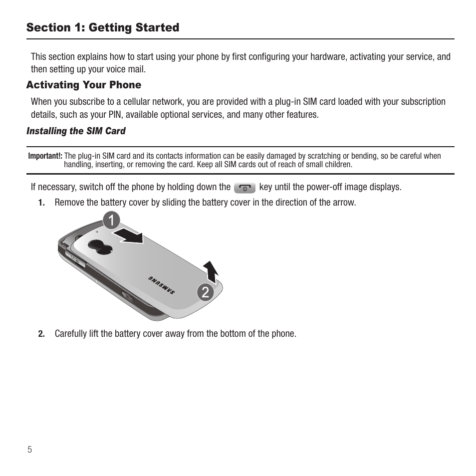 Section 1: getting started, Activating your phone | Samsung SGH-T459EGAGEN User Manual | Page 8 / 142