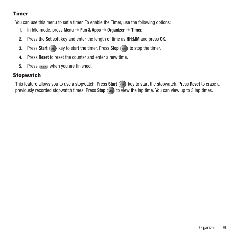 Timer, Stopwatch, Timer stopwatch | Samsung SGH-T459EGAGEN User Manual | Page 83 / 142