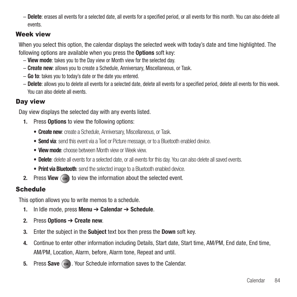 Week view, Day view, Schedule | Week view day view schedule | Samsung SGH-T459EGAGEN User Manual | Page 87 / 142