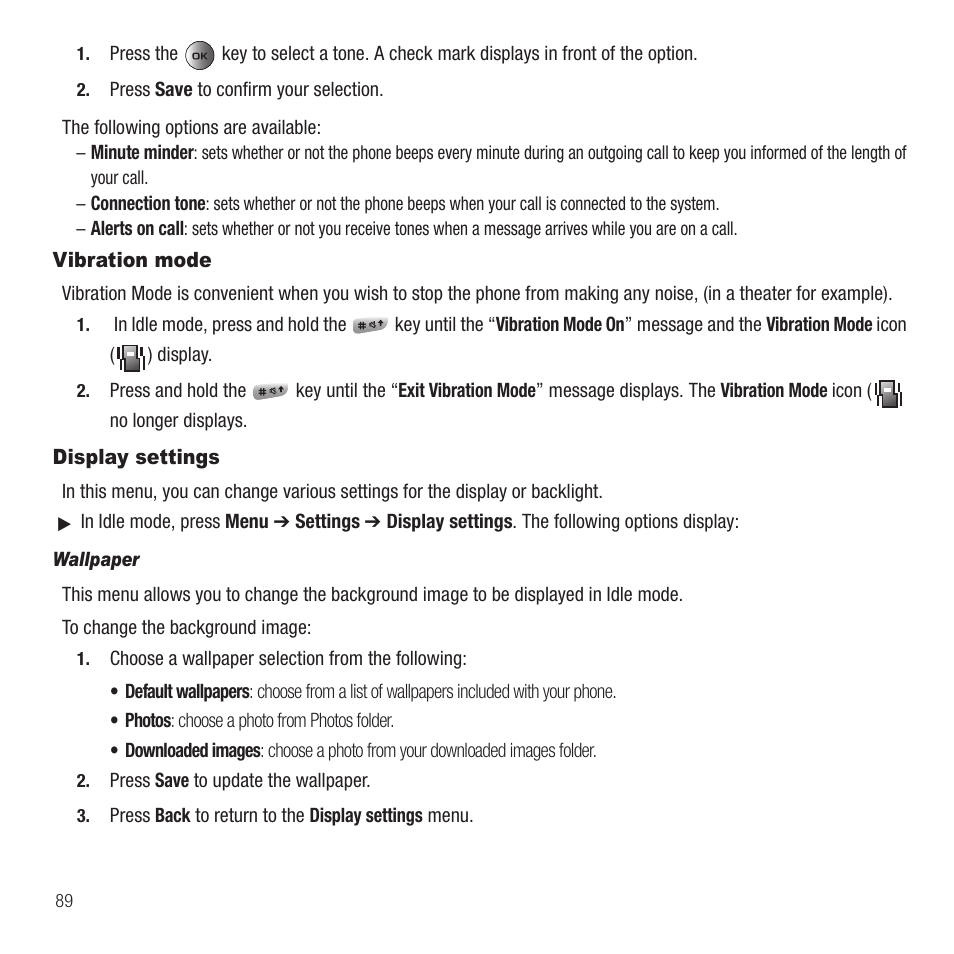 Vibration mode, Display settings, Vibration mode display settings | Samsung SGH-T459EGAGEN User Manual | Page 92 / 142